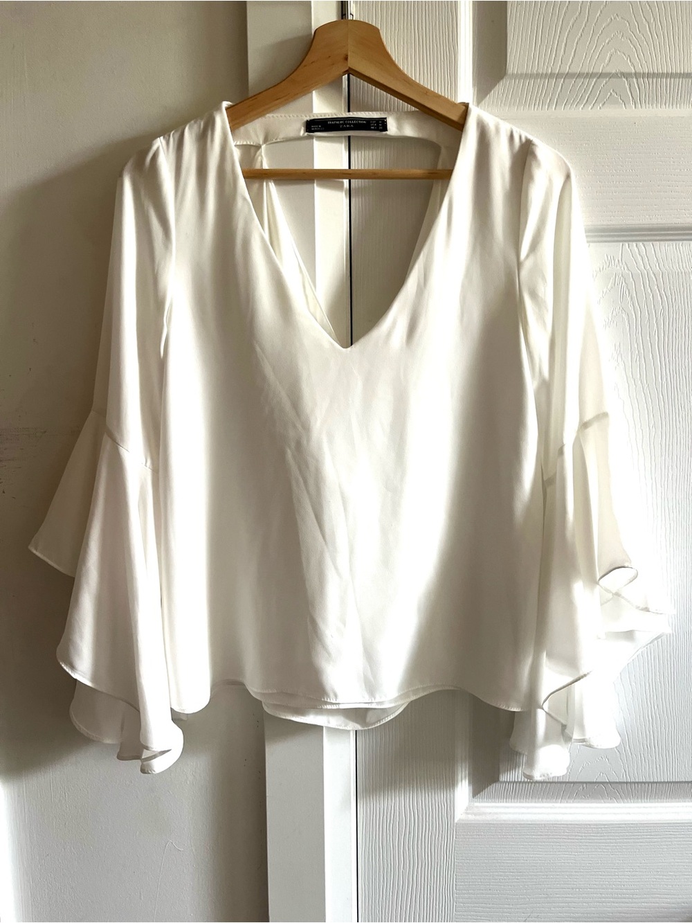 Zara Flowing Romantic Minimalist Bell Sleeve with Draped Open Back Top Size M